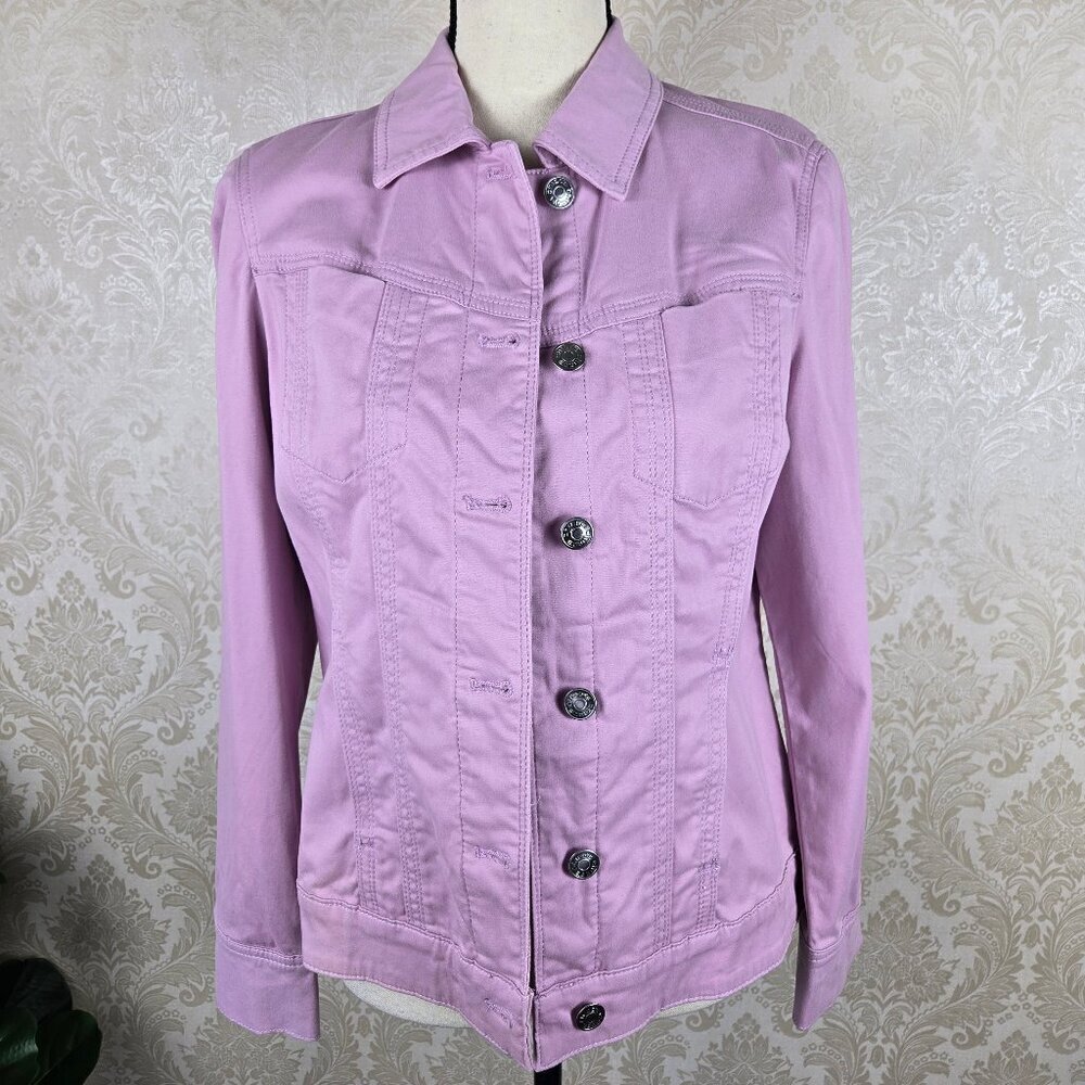 Chico's Size 0 (US Small) Soft Lilac Sateen Jean Jacket Logo Buttons Collar NWT